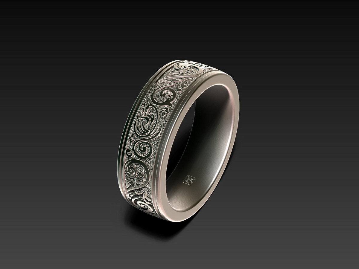 Ornamental ring digital design featuring a continuous raised ornamental relief around the band, with a smooth comfort-fit inner profile.